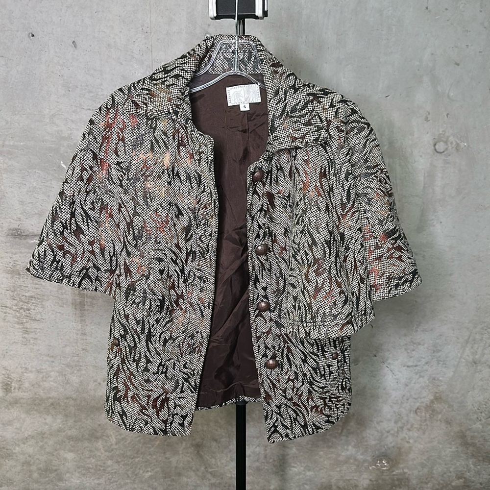 Woven cape jacket with metallic flame print